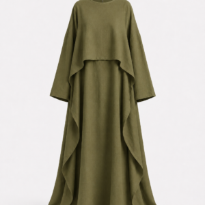 Set n7 robe longue pudique et haut asymétrique olive confection française