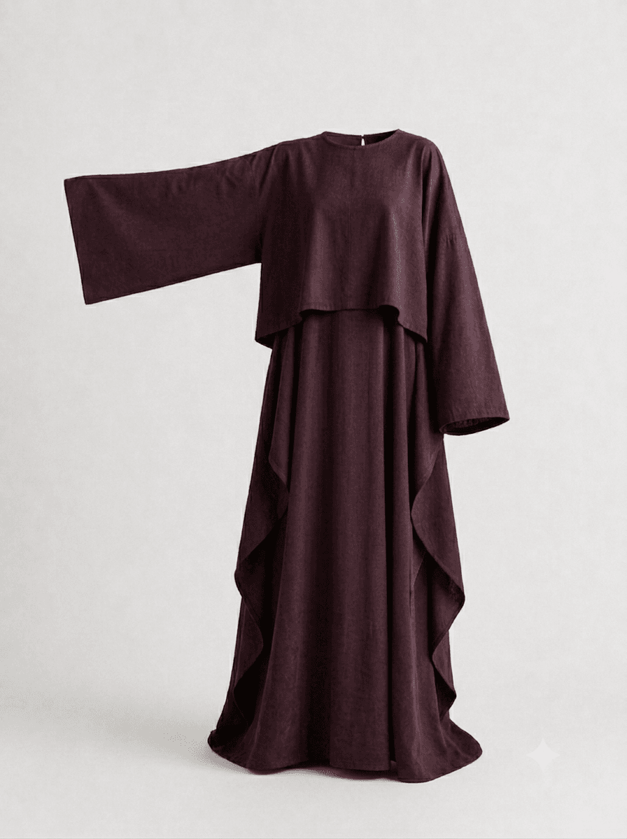 Set N7 : Abaya moderne bordeaux 100% coton Ensemble chic pudique et asymétrique 2 Set N7 : Abaya moderne bordeaux 100% coton Ensemble chic pudique et asymétrique – Image 2